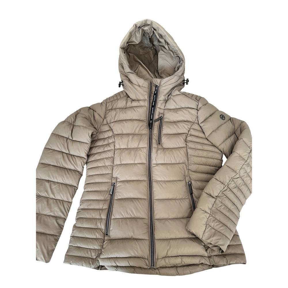 Michael Kors Packable Puffer Jacket Beige Hooded Zip Front Women's Size S‎